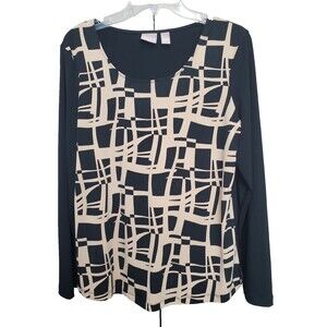 Chico’s Abstract Print Black & Brown Long Sleeve Stretchy Blouse Size 1 Medium